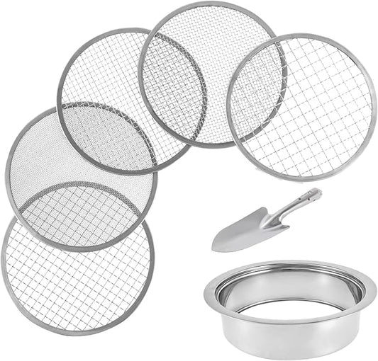 Soil Sieve Set with 5 Interchangeable Meshes Sizes 1/3/6/9/12mm, Stainless Steel Riddle Sieve Pan with Shovel 24cm Garden Potting Soil Sifter for Gardening Dirt Sand Soil Rocks