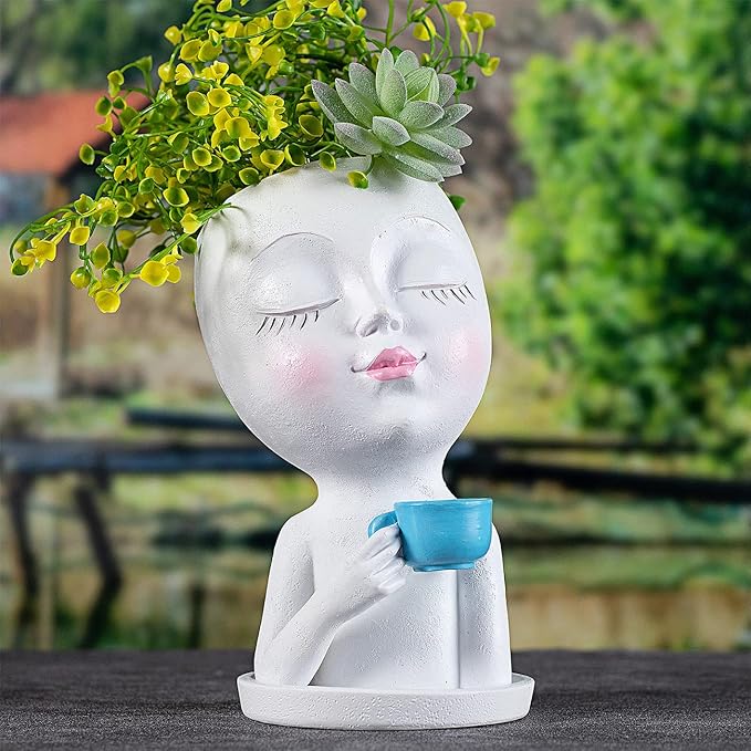 Face Flower Pot Head Planter for Indoor Outdoor, Unique Succulent Planter with Drainage Hole, Cute Lady Face Plant Pots Coffee Table Decor Gift IdeaI for Mother and Appreciation Christma