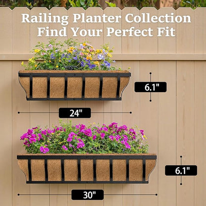 Railing Planter Boxes, Heavy Duty Window Box Planters, Adjustable Balcony Planters for Railing Hanging, with Coco Liner & Support Rod for Deck, Porch, and Patio Gardening (3 Pack, 24 Inch)