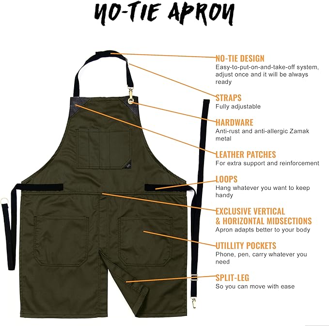 Under NY Sky No-Tie Twill Apron - Leather Reinforcement, Split-Leg