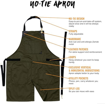 Under NY Sky No-Tie Twill Apron - Leather Reinforcement, Split-Leg