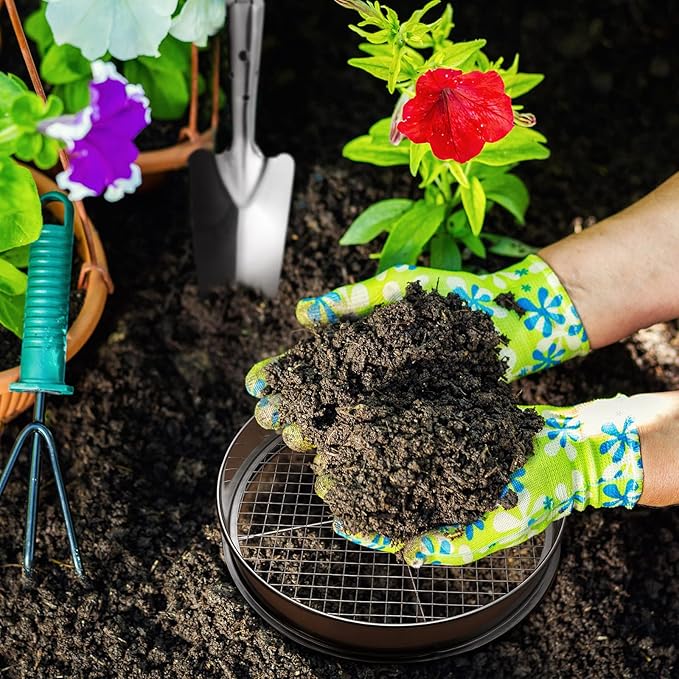 Bonuci 10 Pcs 12 Inch Soil Sieve Stainless Steel Sieve Set Garden Soil Sifter Potting Mix Sifter with 8 Interchangeable Filter Mesh 2, 3, 5, 6, 7, 9, 10, 12 mm and Shovel for Garden Compost(Silver)