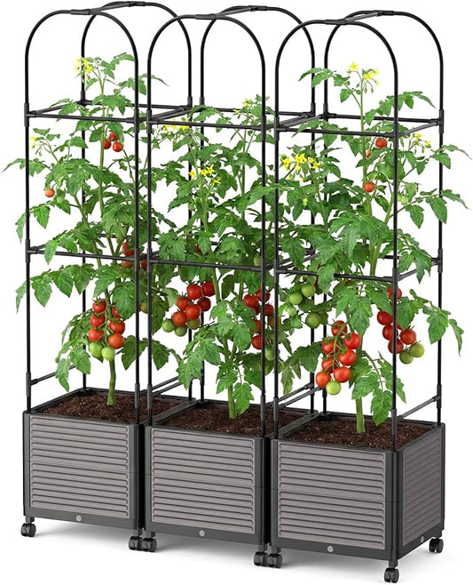 DoCred 60" H Raised Garden Bed Planter Box with Wheels, 3 Pack Tomato Cage Planter Raised Garden Bed with Trellis for Climbing Vegetables Plants Tomato Cage, Indoor Outdoor Use