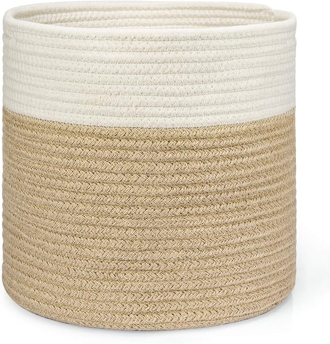 Dahey Jute Spliced Cotton Rope Plant Basket Modern Woven Storage Basket for 10.5" Floor Indoor Planter, Decorative Flower Pots Cover Laundry Bin with Handle Rustic Home Decor, White and Beige