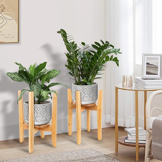 2 Packs Adjustable Plant Stand with Tray,Indoor Wood Plant Stand Fit 8'' to 12'' Planter,Mid Century Modern Flower Pot Holder Rack(Plant and Pot Not Included) Natural