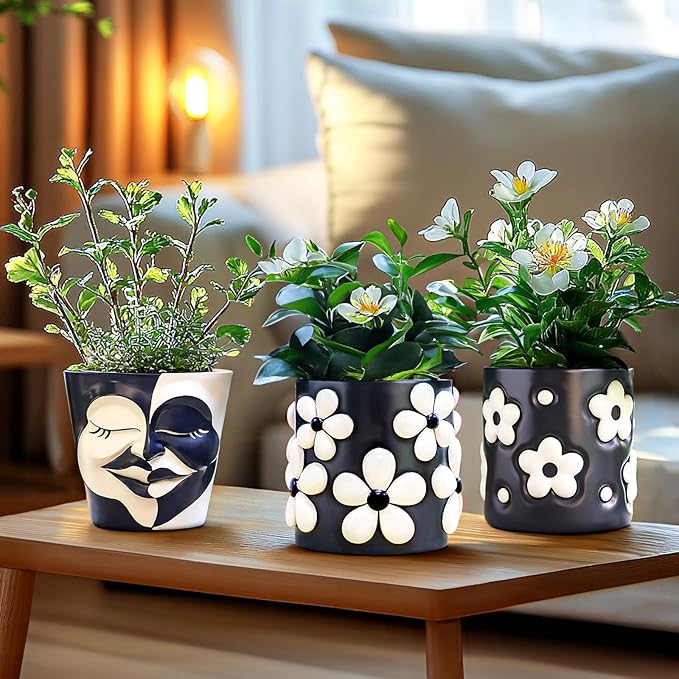 GUGUGO Colorful Flowers Planters Cute Unique Rainbow Planter with Drainage, Vintage Retro Flower Plant pots for Indoor Plants, Eclectic Succulent Gardening Pot for Boho Modern Home Décor-Black