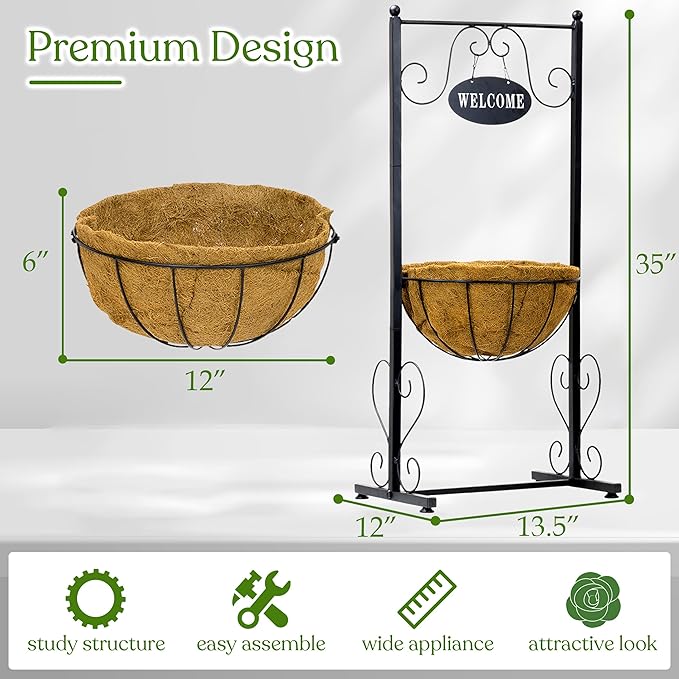 Sorbus Welcome Planter Basket Stand with Coco Liner, Stylish Flower, Plant, and Outdoor Décor for Home, Garden, Patio, Deck, Black Metal