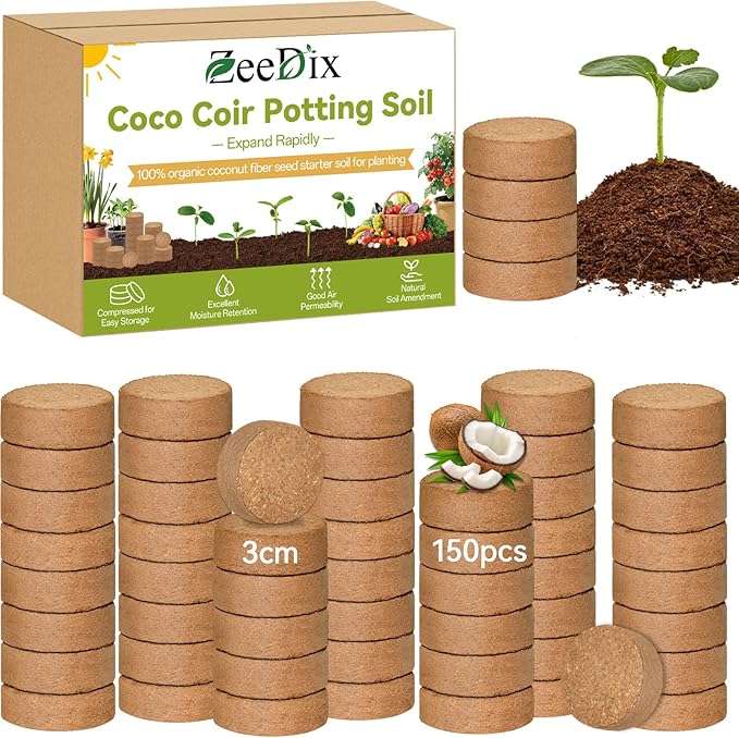 ZeeDix 150 Pack 30mm Organic Coco Coir Seed Starter Pellets, Compressed Coconut Fiber Seed Starter Soil Discs Potting Soil Mix for Indoor Outdoor Plants, Herbs Houseplants Bonsai Vegetables Flowers