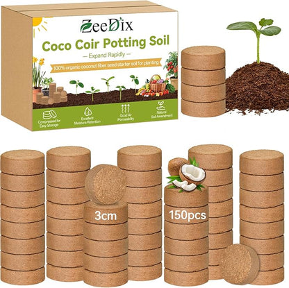 ZeeDix 150 Pack 30mm Organic Coco Coir Seed Starter Pellets, Compressed Coconut Fiber Seed Starter Soil Discs Potting Soil Mix for Indoor Outdoor Plants, Herbs Houseplants Bonsai Vegetables Flowers