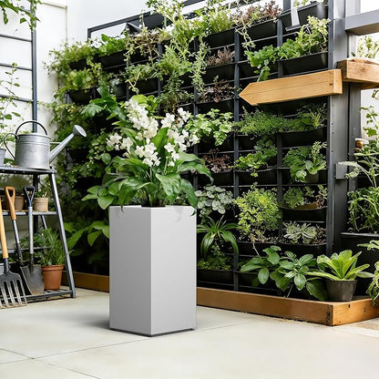 Kante 27.6" H Tall Rectangular Concrete Planter, Modern Square Diameter Plant Pot with Drainage Hole and Rubber Plug for Indoor Outdoor Home Patio Garden, Pure White