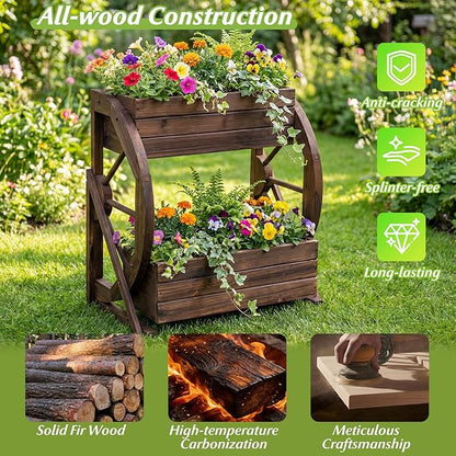 Giantex Wooden Wagon Planter Box, 2-Tier Garden Planter with Drainage Holes for Flowers Herbs Vegetables, Indoor Outdoor Decorative Planter Container for Patio Garden Balcony (2)