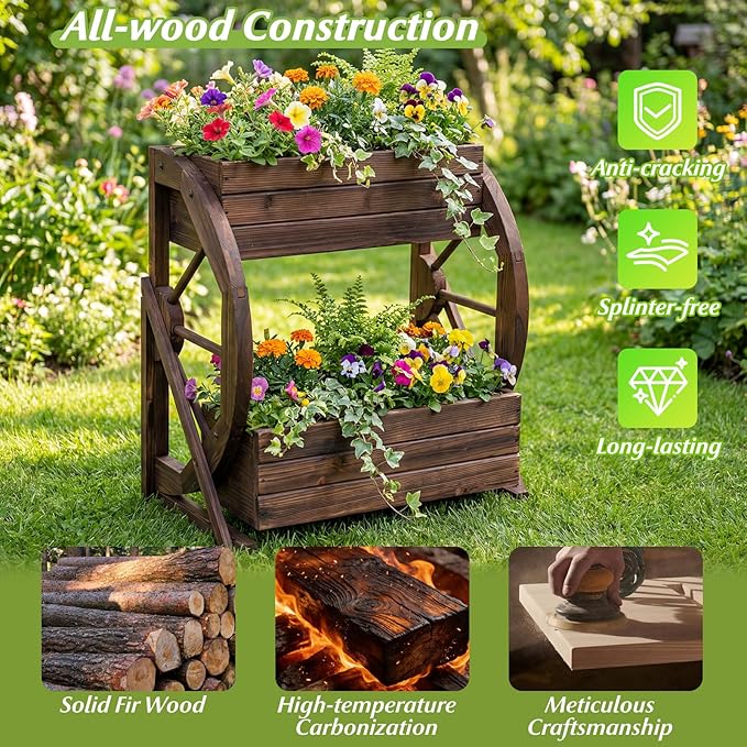 Giantex Wooden Wagon Planter Box, 2-Tier Garden Planter with Drainage Holes for Flowers Herbs Vegetables, Indoor Outdoor Decorative Planter Container for Patio Garden Balcony (1)