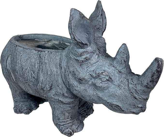 Zeckos Charming Grey Rhino MGO Planter with Drain Holes, 18.5 inches - Weather-Resistant Magnesium Oxide for Garden or Patio Decor - Unique Animal Theme Planter, Perfect for Indoor/Outdoor Use