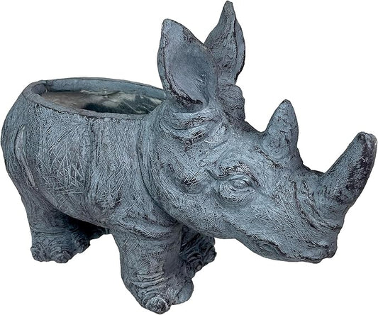 Zeckos Charming Grey Rhino MGO Planter with Drain Holes, 18.5 inches - Weather-Resistant Magnesium Oxide for Garden or Patio Decor - Unique Animal Theme Planter, Perfect for Indoor/Outdoor Use