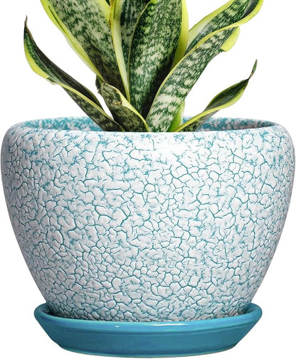 Ceramic Plant Pot - 6 Inch Indoor Planters for Succulent Plants, Round Decorative Flower Pot with Drainage Hole and Saucer, Small Plant Pots, Room Decor, Gifts for Gardeners, Crackle Blue