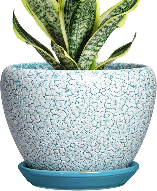 Ceramic Plant Pot - 6 Inch Indoor Planters for Succulent Plants, Round Decorative Flower Pot with Drainage Hole and Saucer, Small Plant Pots, Room Decor, Gifts for Gardeners, Crackle Blue