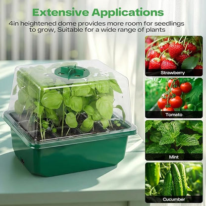 YAUNGEL 4 Pack Seed Starter Tray with Self-Heating, Seed Starter Kit with High Humidity Control Domes, Seedling Starter Trays for Indoor Gardening Plant, Green