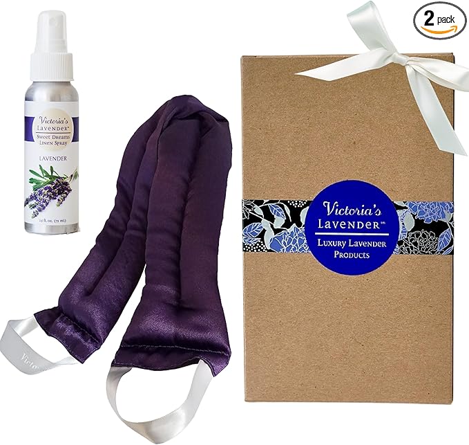 Victoria's Lavender Microwavable Neck Heating Pad with 2.5 Oz Linen Spray for Bedding – Heated Neck Wrap with Lavender Buds & Flax Seeds for Aromatherapy, Made in USA, Gift Box Set (2 Items)