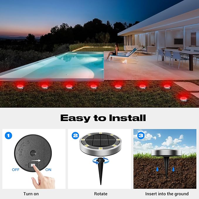 Peasur Mini Solar Ground Lights Outdoor, 4 Pack Flat Solar Powered Disc Lights, IP68 Waterproof, Anti-Rust, Landscape Lighting for Pathway Garden Yard Lawn Walkway Landscape Driveway, Red