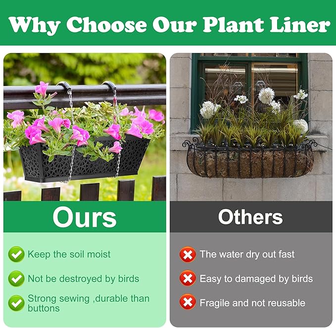 Adnee 2 Pcs 24 Inch Fabric Plant Window Box Liners-Rectangular Non-Woven Planter Basket Liner-Black Felt Flower Hanging Basket for Outdoor Garden Wall Hanging Planter Flower Vegetables