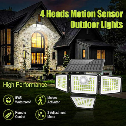 3000LM Solar Lights Outdoor with Motion Sensor,4 Head 270° Wide Angle Street Area Lights,IP65 Waterproof Security Lighting with 3 Modes(Remote,2 Pcs)