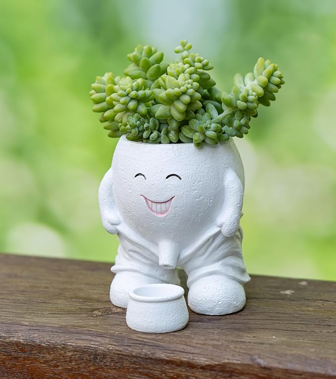 Quirky Cute Planter with Smiley Face,Pee Plant Pot,Naughty Boy Plant Face Pot with Drainage Hole,for Indoor Outdoor, Christmas, Mather's Day Gift(Naughty Boy,White)