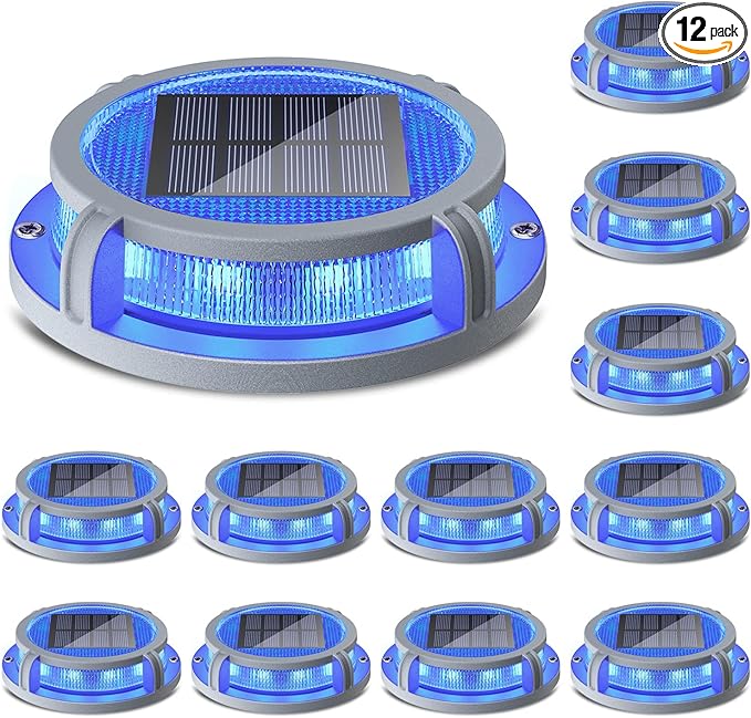 SIEDiNLAR Solar Deck Lights Outdoor 2 Modes 16 LEDs Dock Light Driveway Markers Solar Powered Waterproof for Ground Step Stair Pathway Walkway Garden Yard Road 12 Pack (Blue/Red)