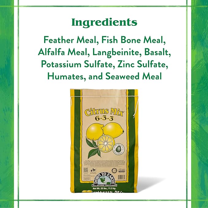 Down To Earth All Natural Fertilizers Organic Citrus Mix - Plant Food for Lemons, Limes, Oranges and Avocados 6-3-3, 25 lb