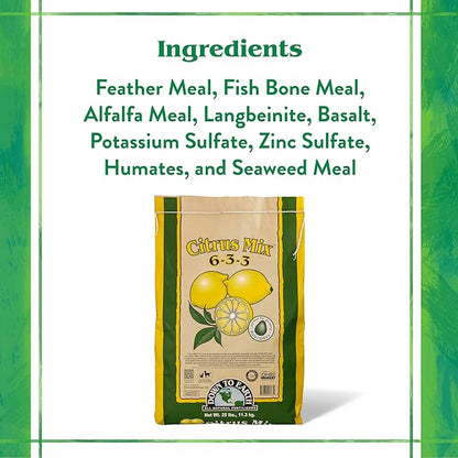 Down To Earth All Natural Fertilizers Organic Citrus Mix - Plant Food for Lemons, Limes, Oranges and Avocados 6-3-3, 25 lb