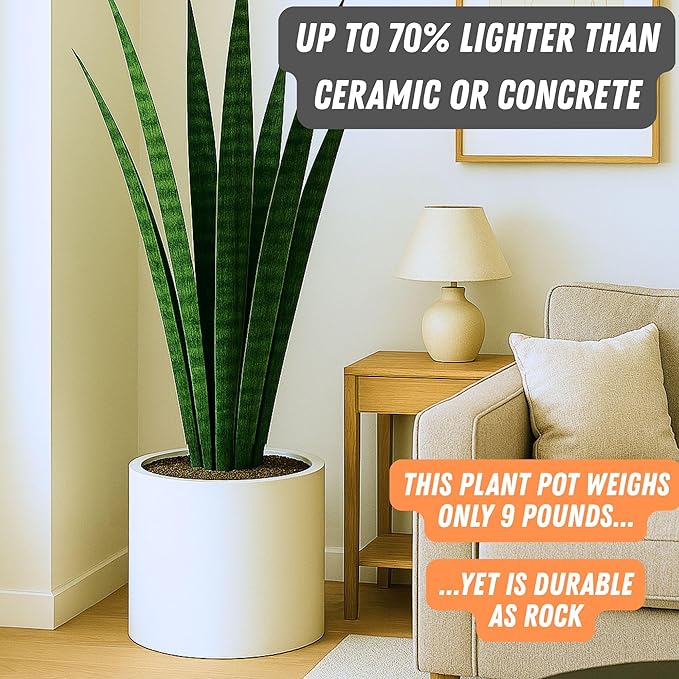Fox & Fern 14.6 Inch Extra Large Planter — Premium Lightweight Fiberstone Matte White Plant Pot with Drainage Plug - Big Planter for Indoor & Outdoor Use - Weather Resistant & UV Resistant