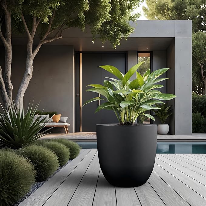 Kante Round Concrete Planter, Large Outdoor Indoor Garden Pots with Drainage Hole, 18-Inch Diameter Flower Pots for Patio, Garden and Home, Black