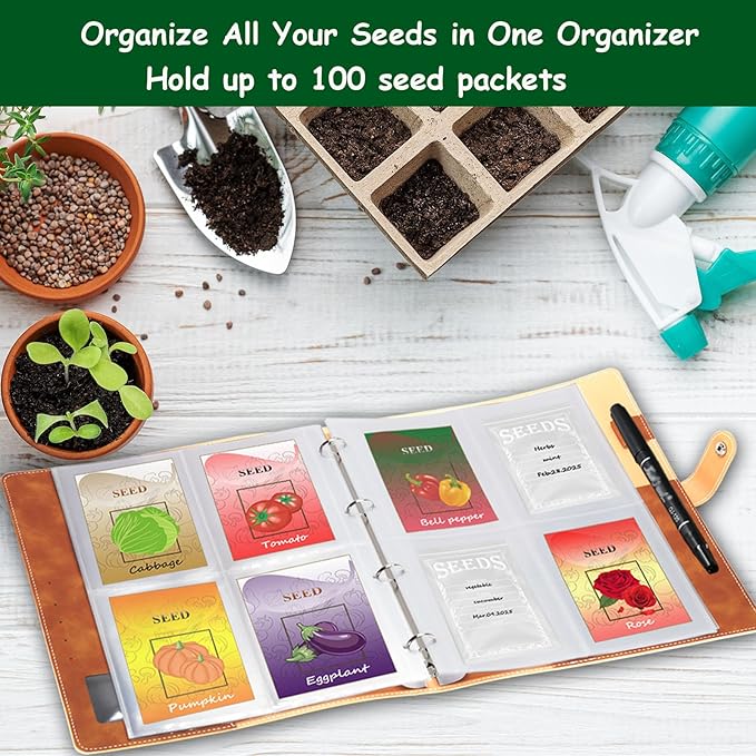 Garden Seed Storage Organizer Binder: 100 Resealable Envelopes + 25 Sheet 100 Pockets Protectors | Durable Organizer for Seed Packets, Saving & Planting - Brown