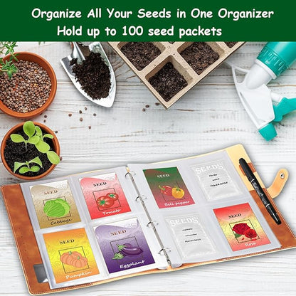 Garden Seed Storage Organizer Binder: 100 Resealable Envelopes + 25 Sheet 100 Pockets Protectors | Durable Organizer for Seed Packets, Saving & Planting - Brown