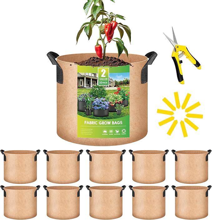YSSOA 10-Pack Fabric Grow Bags 2 Gallon with Pruner, 300G Thickened Nonwoven Plant Growing Pots with Handles, Planting Bags for Vegetables, Tan