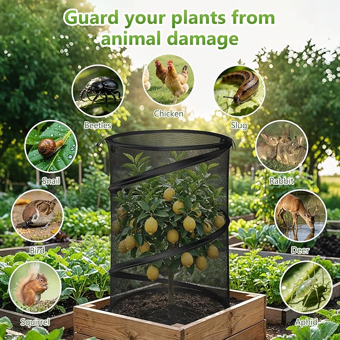 5 Pack Pop Up Plant Covers from Animals (3 Black 2 White) 13''D x 20''H Mesh Plant Covers with 24 Stakes 36 Color Labels, Plant Protector from Insects for Vegetables, Flowers, Seedlings