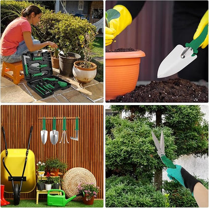 Gardening Tool Set, 11 Pieces Gardening Tools with Carrying Case, Garden Tool Kit for Digging Planting Pruning, Unique Gardening Set with Gloves for Women and Men (Green)
