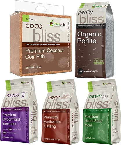 Coco Coir + Organic Perlite + Mycorrhizal Root Inoculant + Worm Castings + Neem Meal Fertilizer - All Natural Plant Fertilizer & Potting Soil Mix - Organic Coco Coir for Plants, Flowers, & Gardening