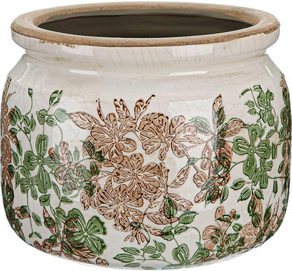 7.7" Large Ceramic Plant Pot Pink Green Vintage Hibiscus Crackle Glaze Rustic Flowers Pot Decorative Planter with Drainage for Indoor Outdoor Plants Home Kitchen Office Decor Gift