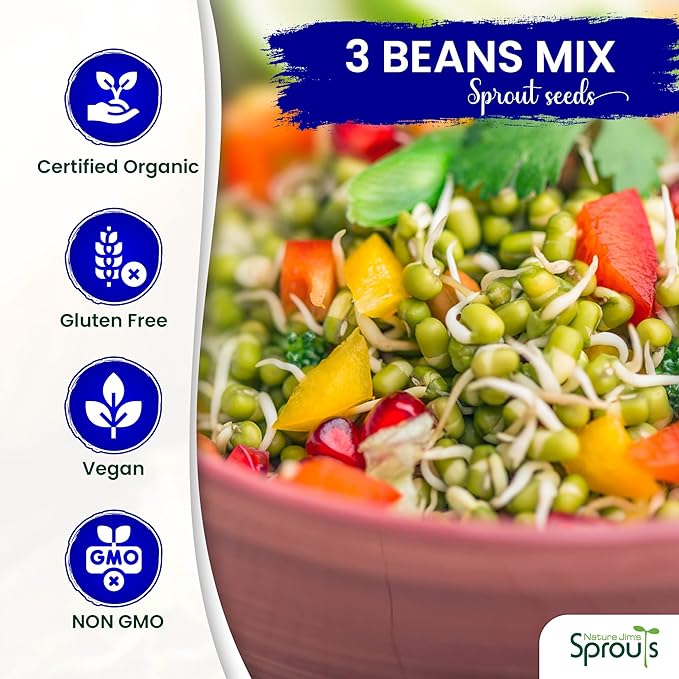 Nature Jim's Sprouts 3-Bean Seed Mix - Organic Green Peas, Lentils & Adzuki Beans for Planting - Non-GMO Microgreen Sprout Seeds, Fast Sprouting, High in Fiber, Protein, Nutrients & Vitamins - 16 Oz