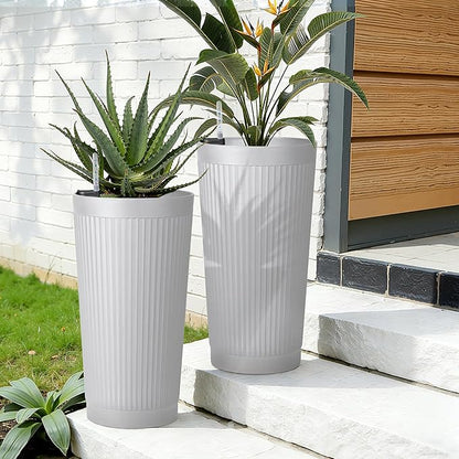 Set of 2 Tall Self-Watering Planters, 24" Large Planters with Water Level Indicator for Indoor & Outdoor Plants, Modern Planters for Garden, Patio, Balcony, Porch, White