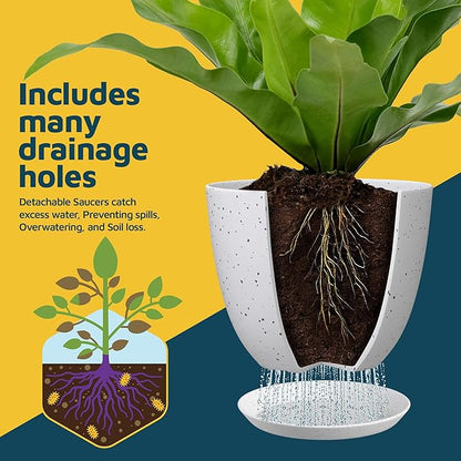White Grey Plant Pots with Drainage Holes & Saucers 3 Pack, Indoor & Outdoor Stackable Space-Saving Planters for Houseplants & Flowers, (7", 6.7", and 6" Inches), Durable & Weatherproof Materials