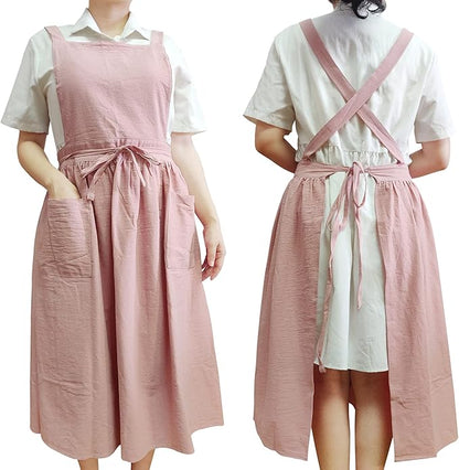 Cute Retro Cotton Linen X-Back Aprons Home Kitchen Garden Art Painting Pinafore Florist Shop Overalls