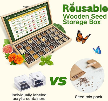 Lush&Dew Year-Round USDA Zone 9 Seed Bank, Gardening Gifts for Women Men, 32 Varieties Non-GMO Heirloom Seeds of Vegetables Herbs Fruits, Gift for Mom Dad, Survival Seed Kit for Raised Garden Beds