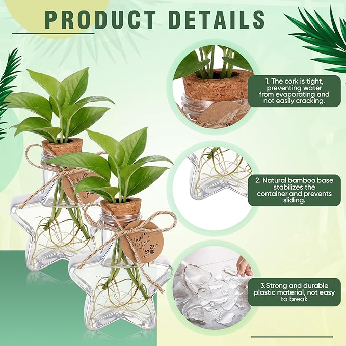 Baderke 24 Pack 3.74'' Plastic Plant Propagation Stations with Hole Lid 5oz Planter Vase Clear Propagation Jars with Thank You Tags for Plant Lover Gifts for Women Office Home Garden