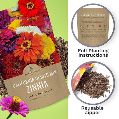Bulk Zinnia Seeds - California Giants Mix - 5 Pounds - Over 240,000 Flower Seeds - Mixed Colors and Large Blooms