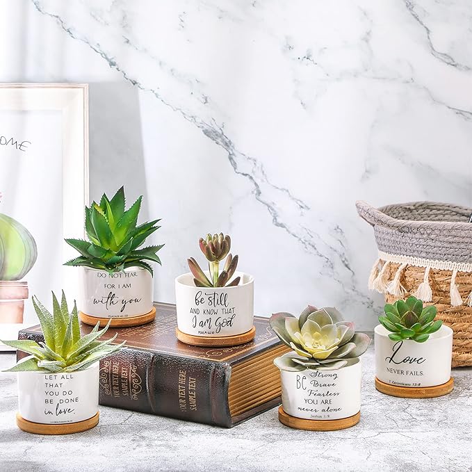 Fumete 24 Set White Bible Verse Succulent Pots with Drainage 3.15" Mini Ceramic Flower Planter Pot with Bamboo Tray Small Plant Pots Christian for Friends Family, Plants Not Included