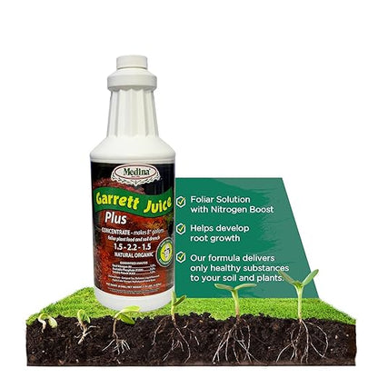 Medina Garrett Juice Plus -Liquid Plant Food & Fertilizer for Houseplants, Lawn, & Garden | Foliar Solution & Growth Enhancer, Ideal for Potted & Patio Plants | Nitrogen-Rich Liquid Fertilizer - 1 Qt.