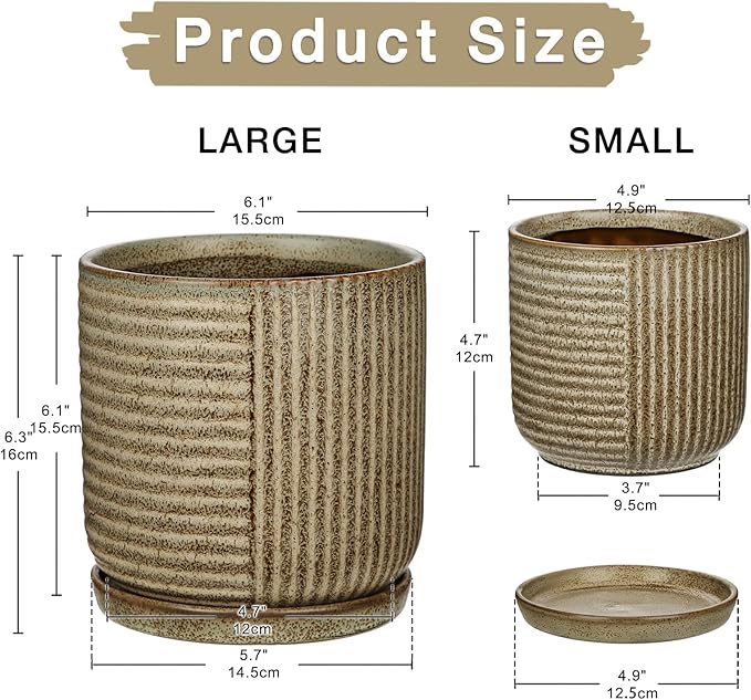 Oairse Ceramic Pots for Indoor Plants, 6.1 +4.9 inch Pots for Plants Set of 2 Brown Plant Pots with Drainage Holes and Saucers Texture Ceramic Planters Indoor Outdoor Flower Pot for Succulent