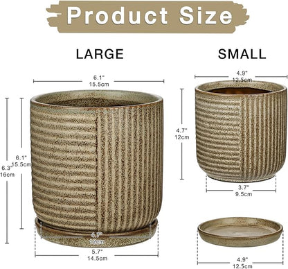 Oairse Ceramic Pots for Indoor Plants, 6.1 +4.9 inch Pots for Plants Set of 2 Brown Plant Pots with Drainage Holes and Saucers Texture Ceramic Planters Indoor Outdoor Flower Pot for Succulent