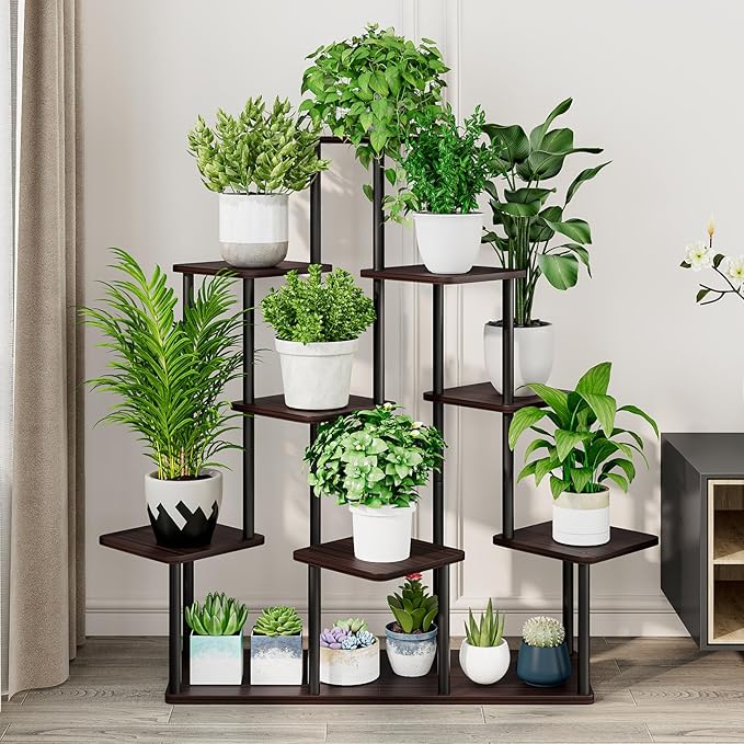 AZERPIAN Plant Stand 9 Tier Indoor Metal Flower Shelf for Multiple Plants Corner Tall Flower Holders for Patio Garden Living Room Balcony Bedroom, Black Oak